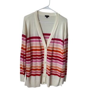 Talbots Womens Medium Ivory Pink Orange Striped V-Neck Button Front Cardigan